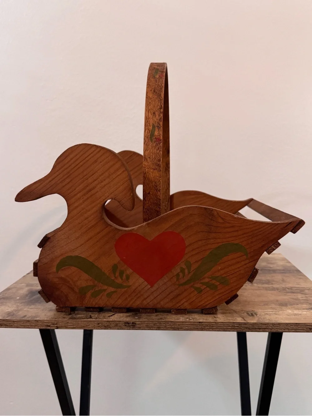 Vintage Wooden Folk Art Duck Basket Carrier | Rustic Farmhouse Decor